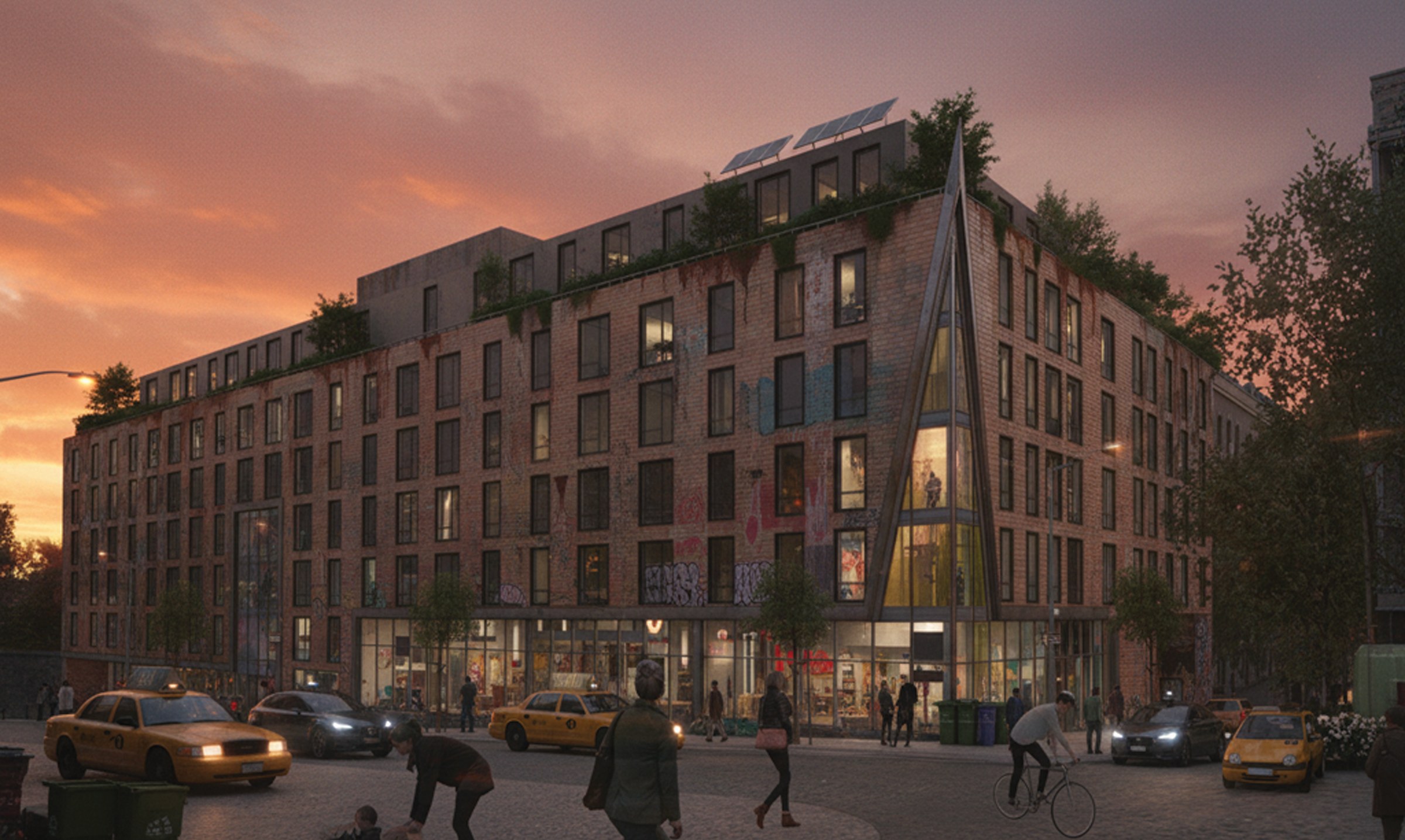 Redevelopment street view rendering at sunset