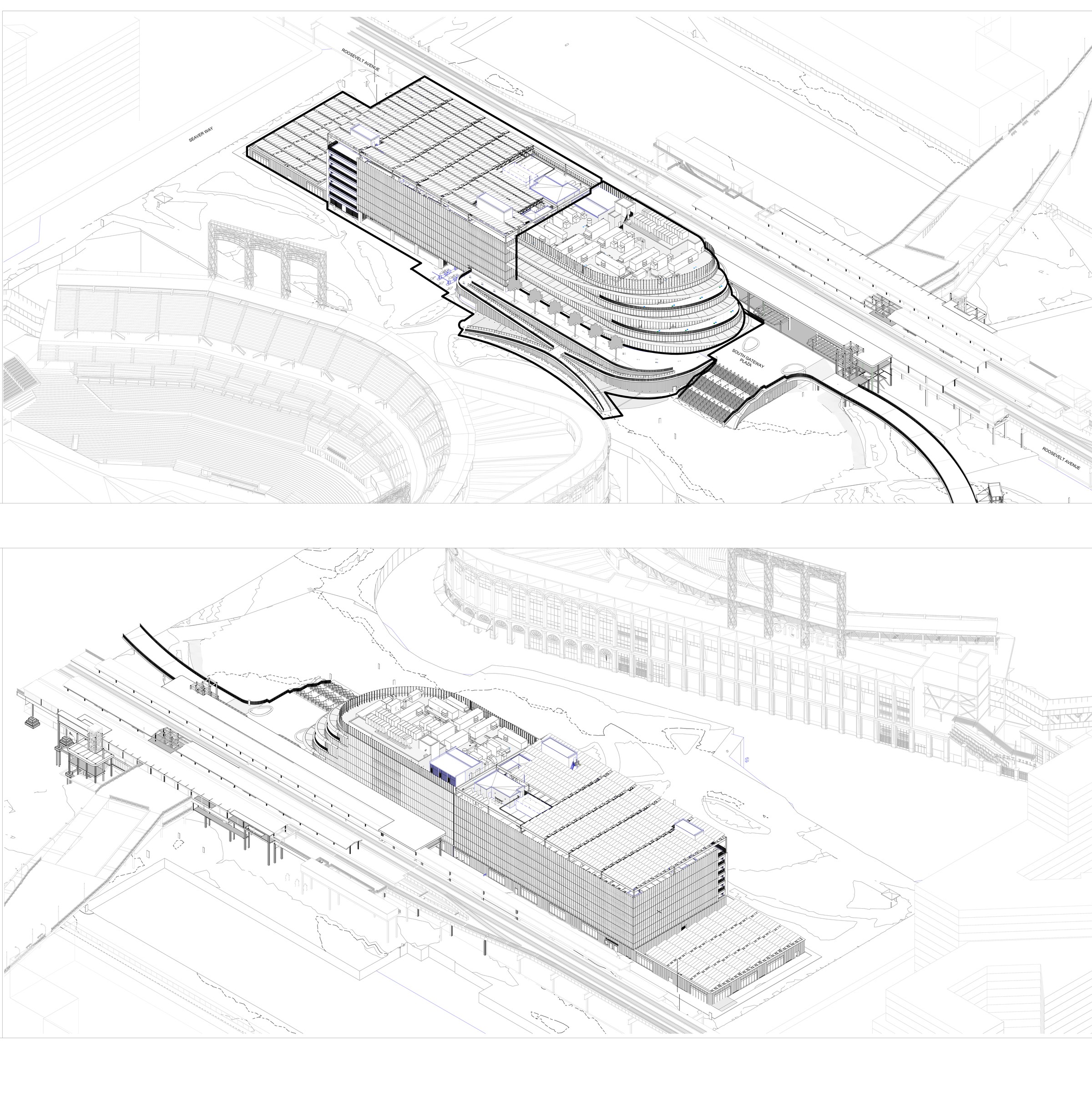 Metropolitan Park, building axonometric views — South Gateway Plaza approach and Roosevelt Avenue parcel