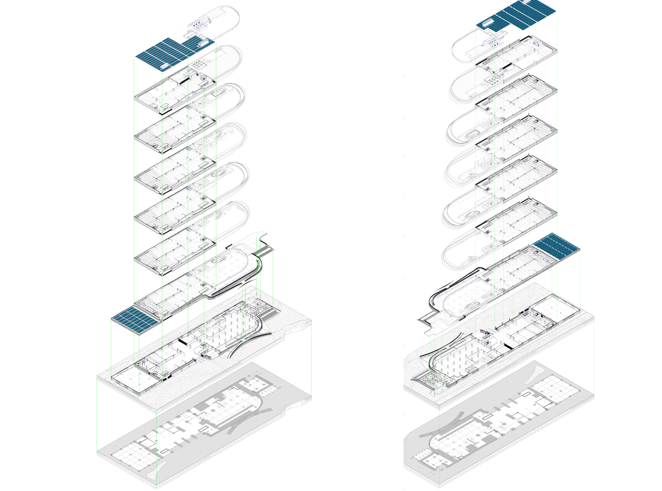 Tower Q parking garage exploded axonometric