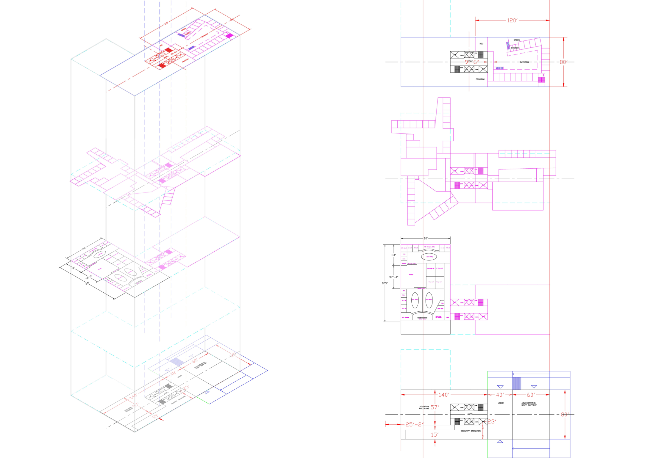 Intake and Holdings exploded axonometric and floor diagrams